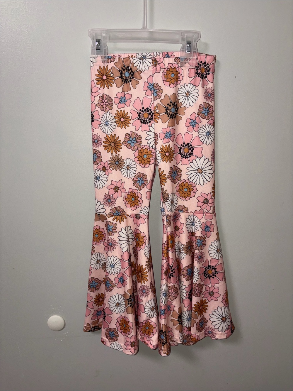 Unbranded Pink Floral Daisies Print Bell Bottom Wide Leg Flared Pants Girls 4/5